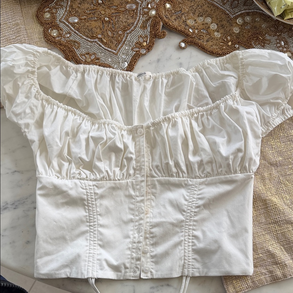 House of CB White Off-Shoulder Ruched Crop Top